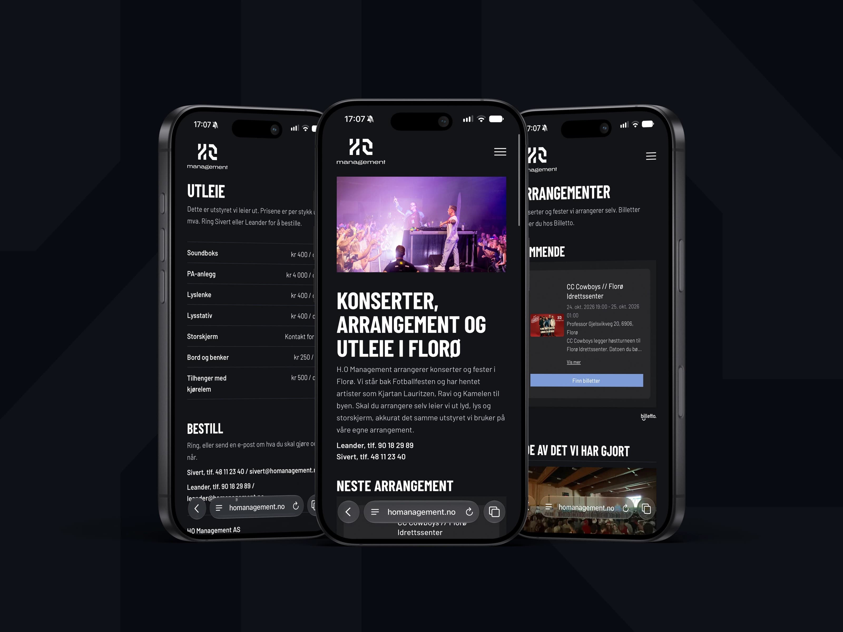Tre mobiltelefonar som viser homanagement.no: utleigeprisar, framsida med konsertbilete og lista over arrangement